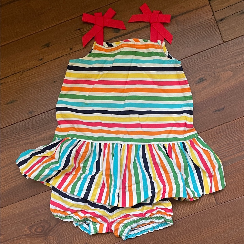 Hanna Andersson Girls Rainbow Stripe Tank Dress with Red Bow Straps